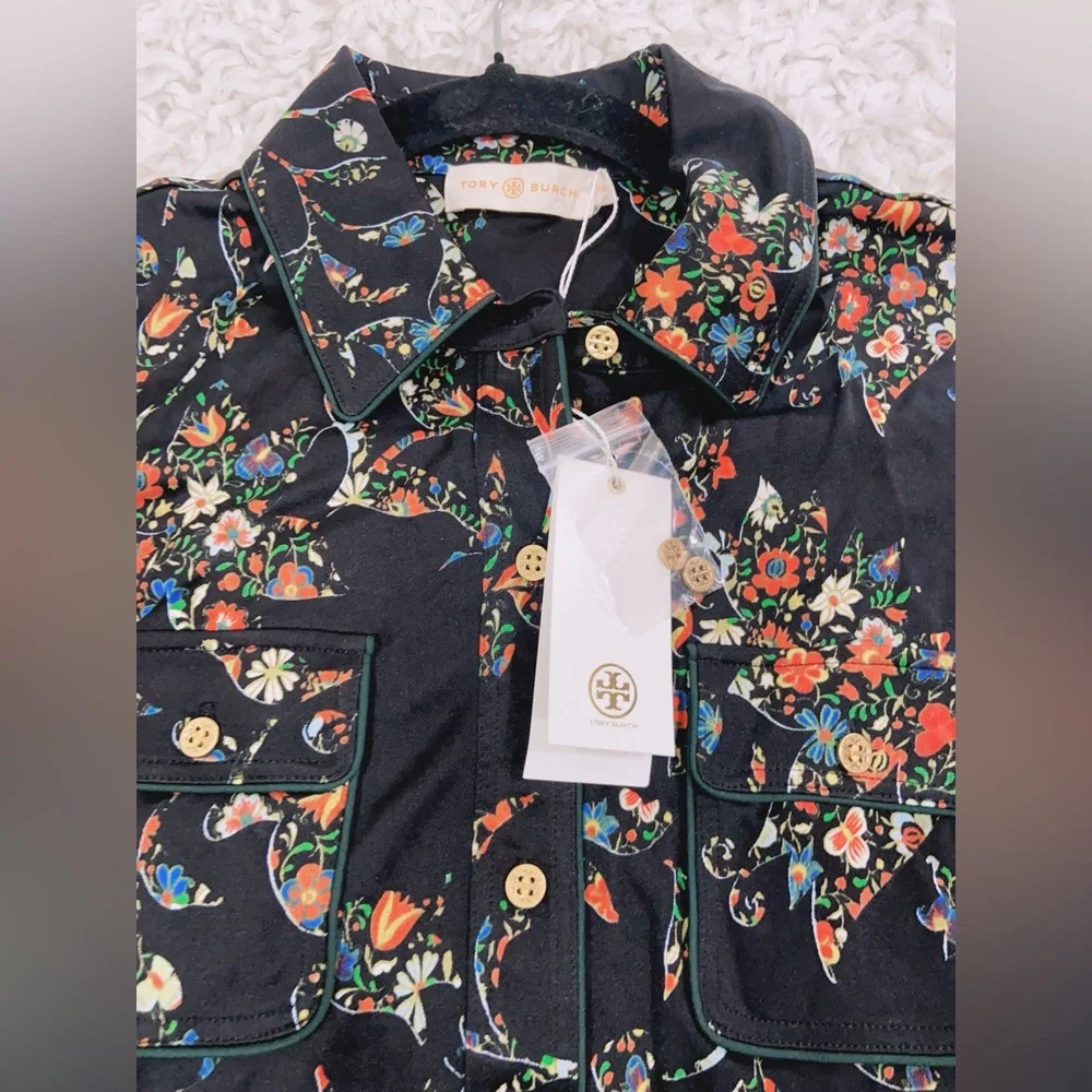 NWT $498 Tory Burch Printed Jersey Shirtdress In Black Sacred Floral